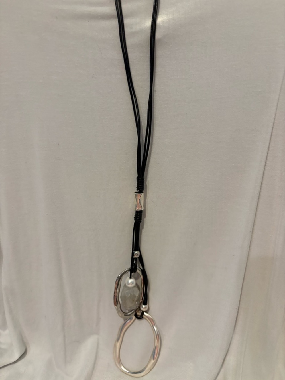 Long Black Cord Necklace with Silver Rings